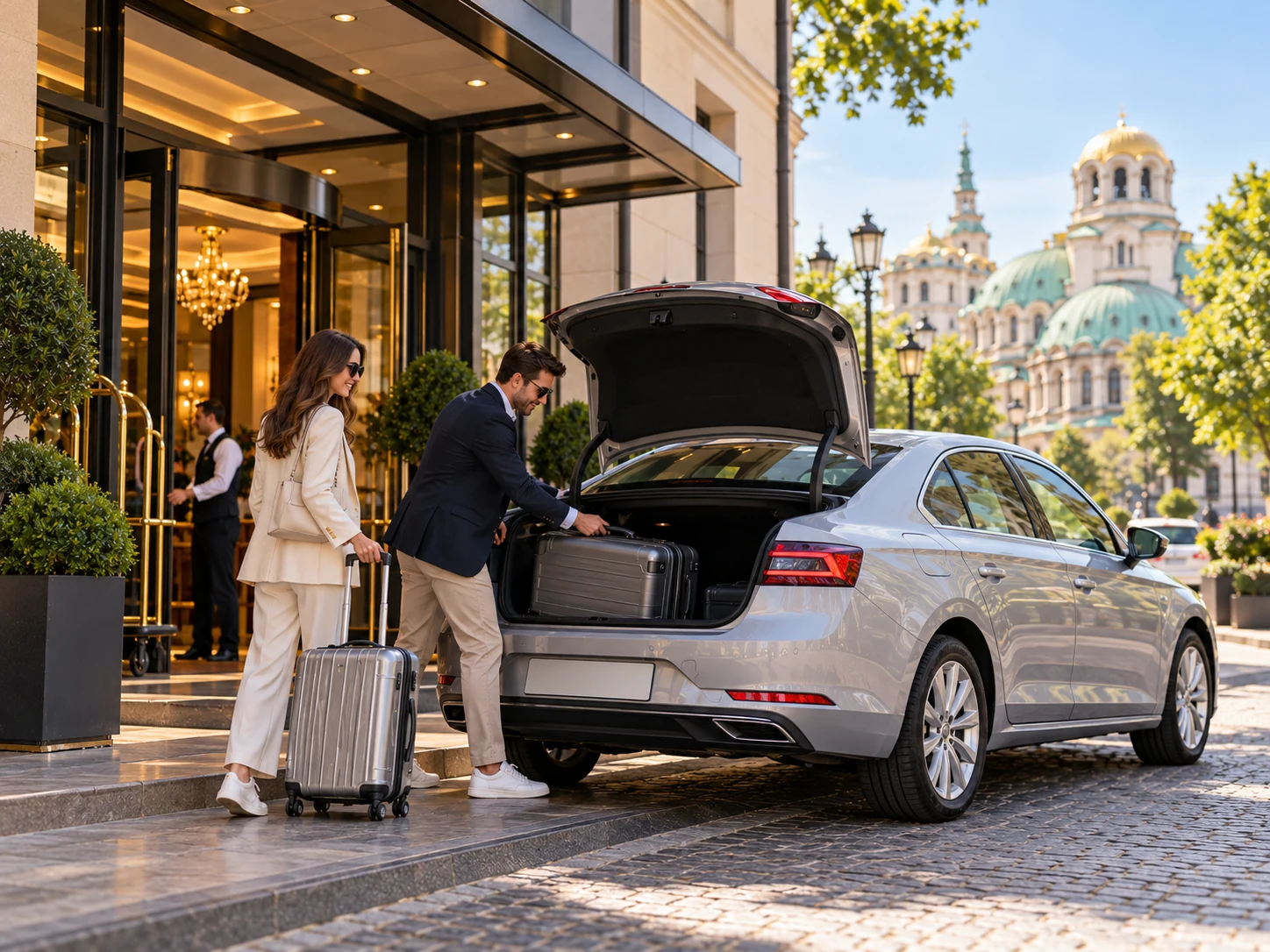 Convenient Hotel Car Rental Collection in Sofia Travellers loading suitcases into a rental car outside a hotel in Sofia