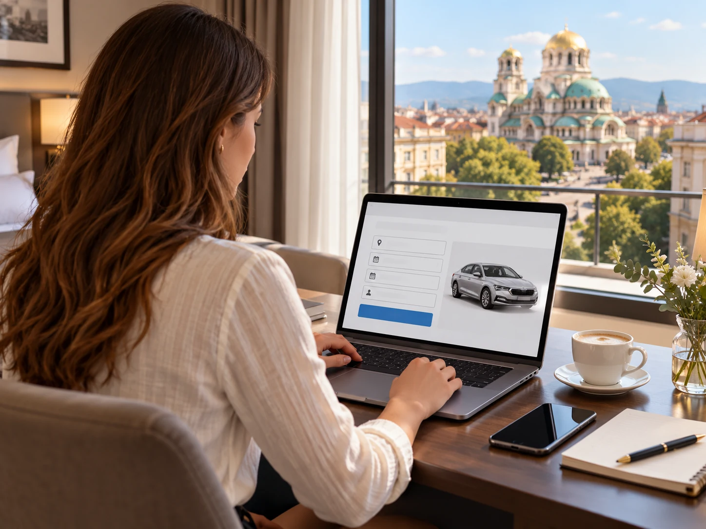 Request Car Rental Delivery in Sofia Online Traveller submitting an online car rental request on a laptop in Sofia