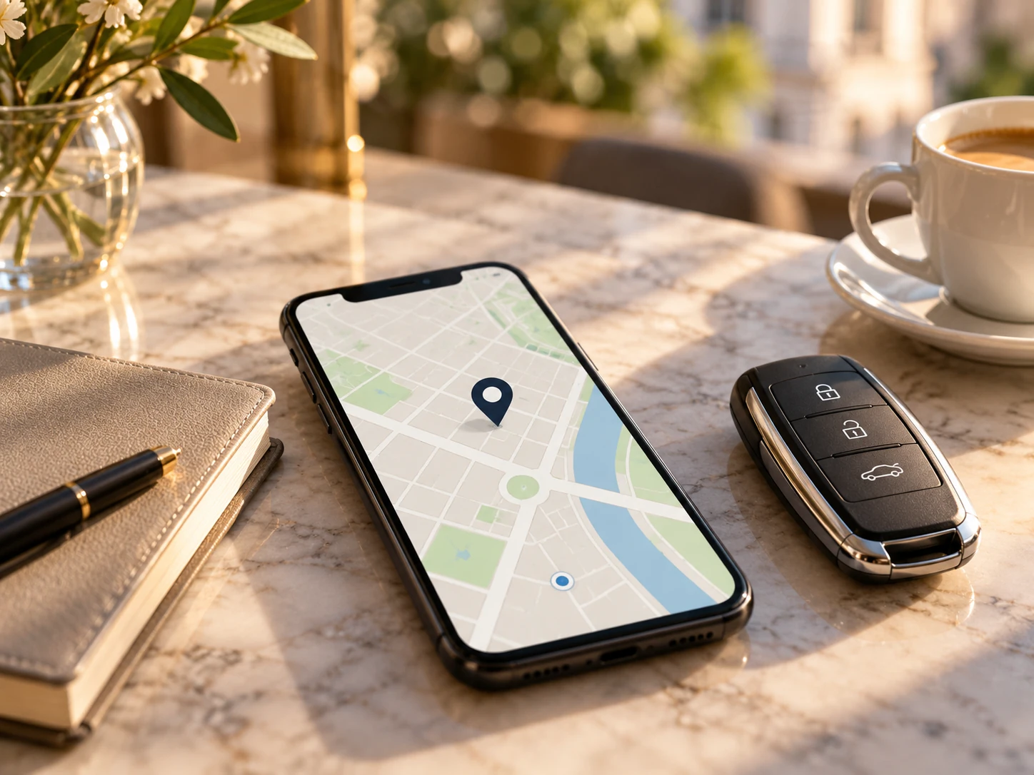 Confirming Your Rental Car Delivery Address Smartphone showing a map location next to rental car keys on a table