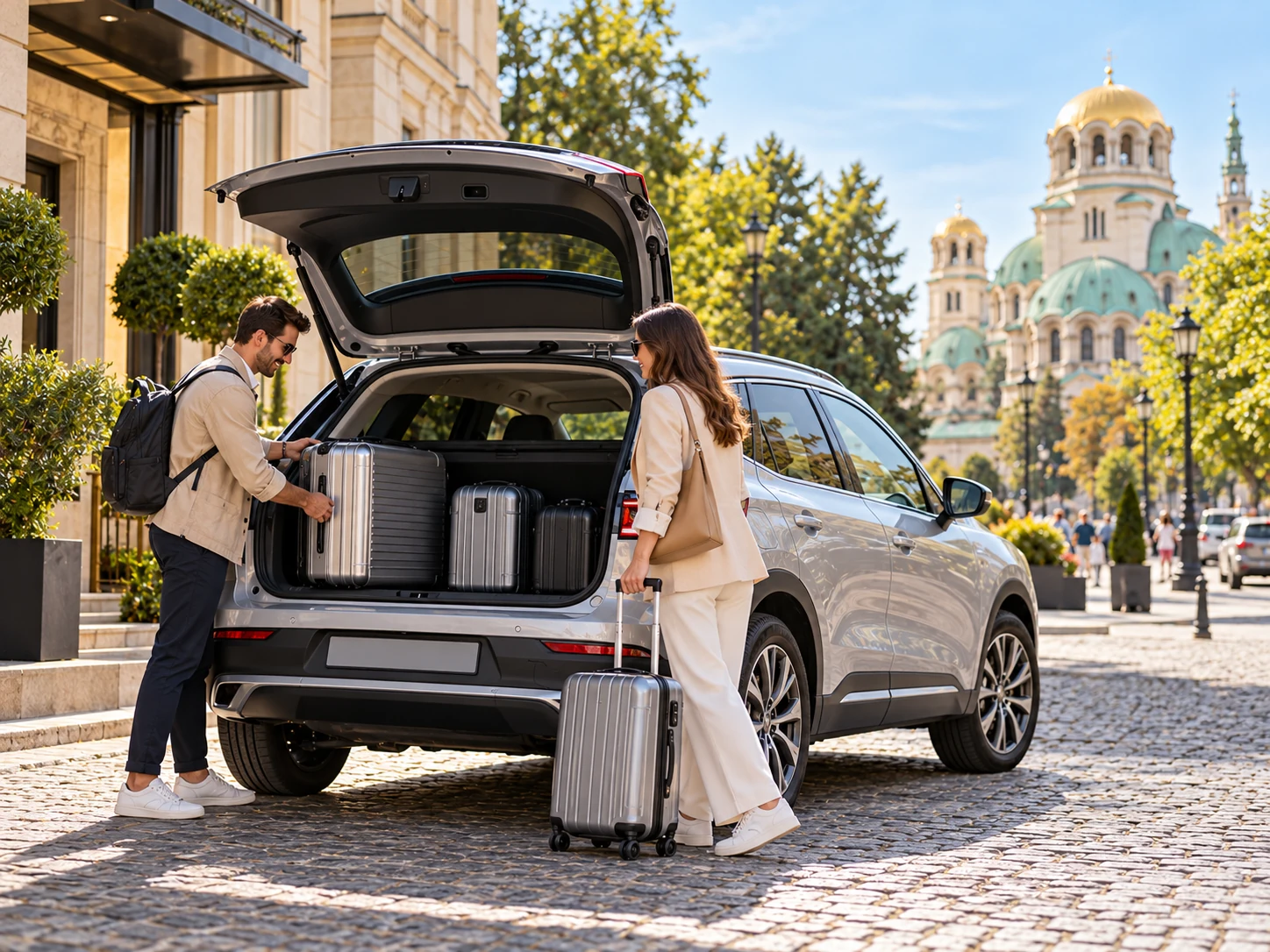Choosing a Rental Car with Enough Luggage Space Spacious silver rental SUV with multiple suitcases loaded in the boot