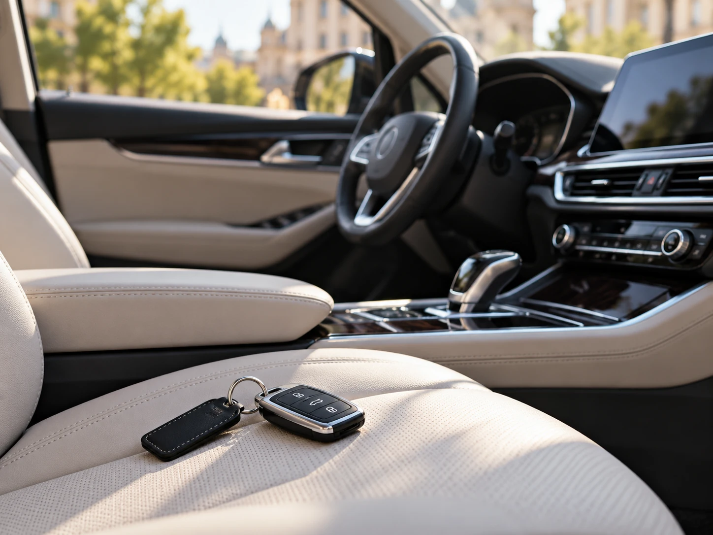 Sofia Car Rental Questions and Useful Information Rental car keys resting on a light leather seat inside a modern vehicle