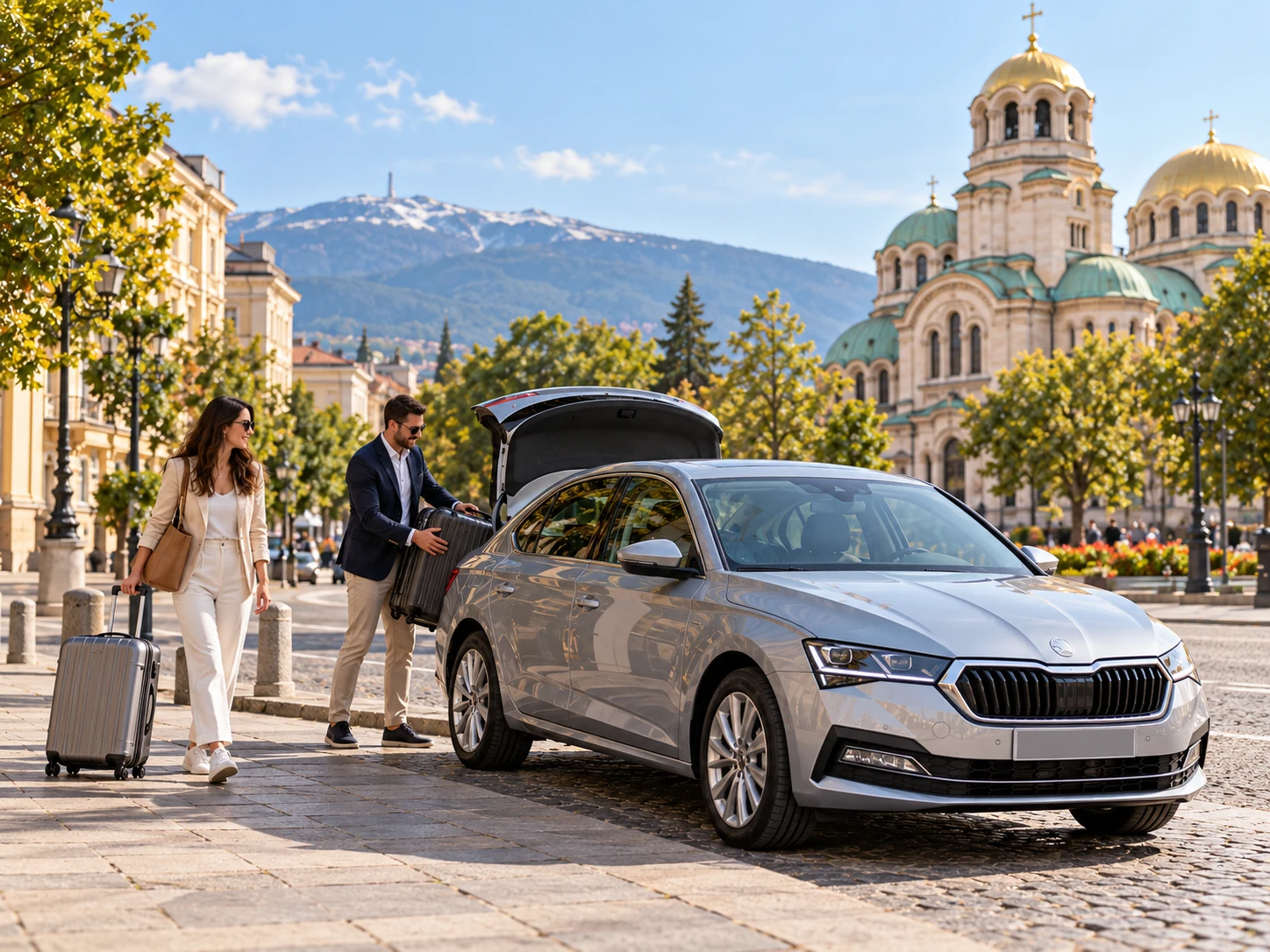 Request Your Rental Car in Sofia with ViaMon Silver rental car in Sofia with Alexander Nevsky Cathedral and Vitosha Mountain in the background